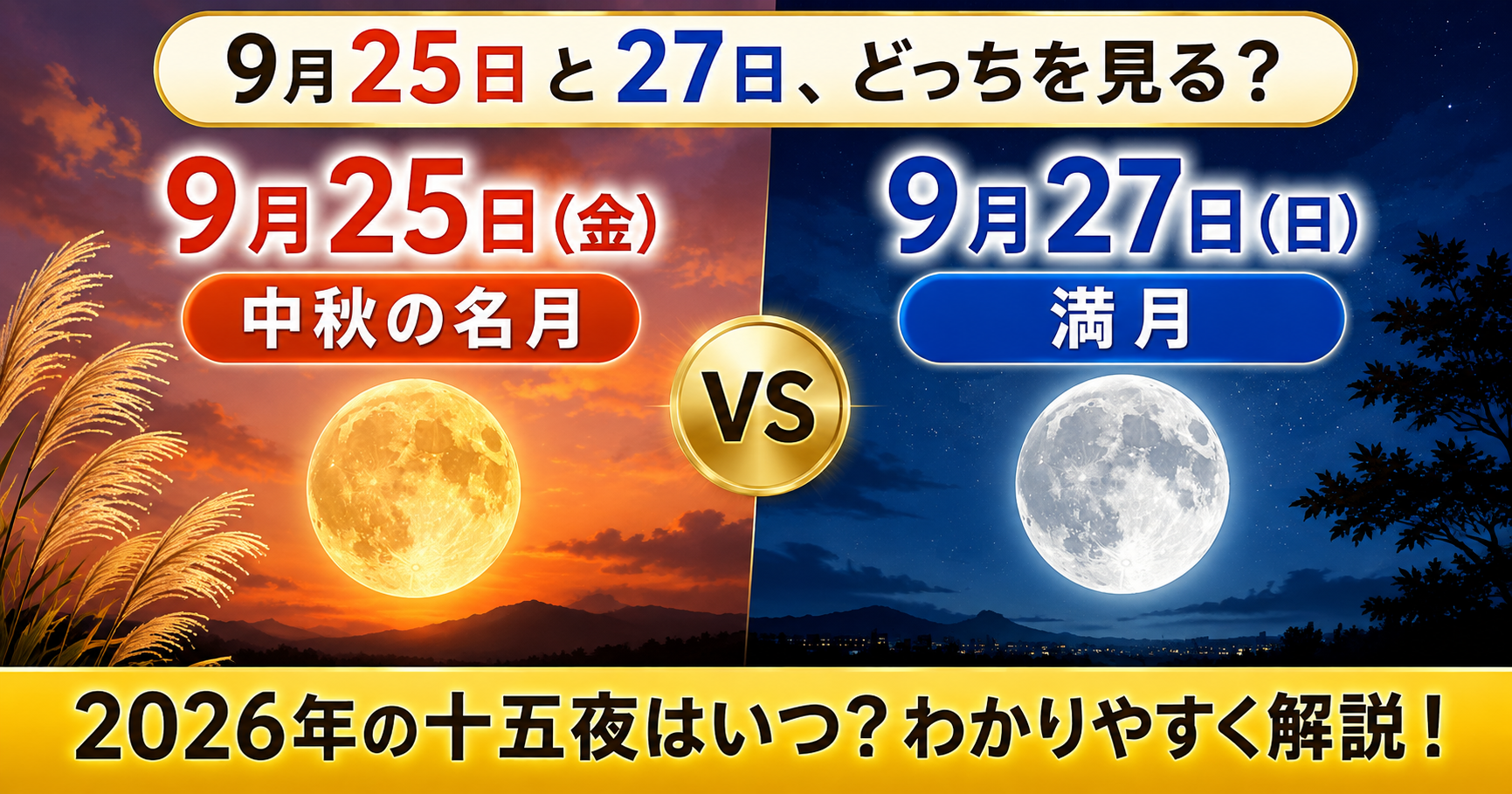 2026年の十五夜は9月25日、中秋の名月と9月27日の満月を比較